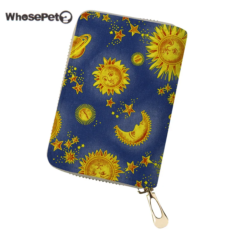

WHOSEPET Sun Moon Card Holders Geometric Irregular Hippie Mandala Travel Business ID Cards for Women Small Pu Casual Wallet Case