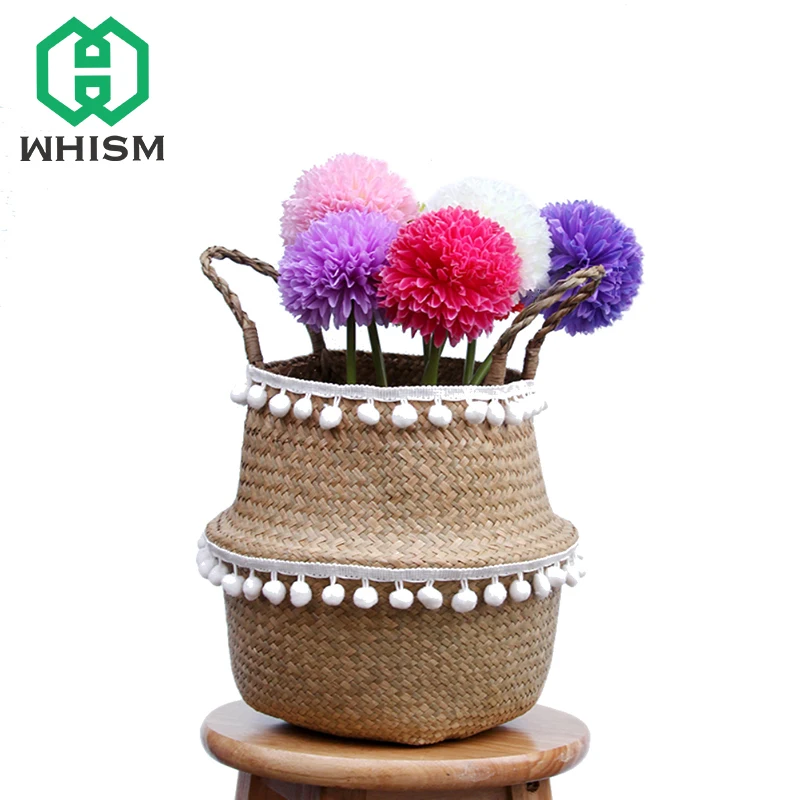 WHISM لطيف الطبيعي أعشاب بحرية سلة الغسيل مع أضاليا سلة التخزين للعب باليد المنسوجة سلة خوص للطي سلات تخزين