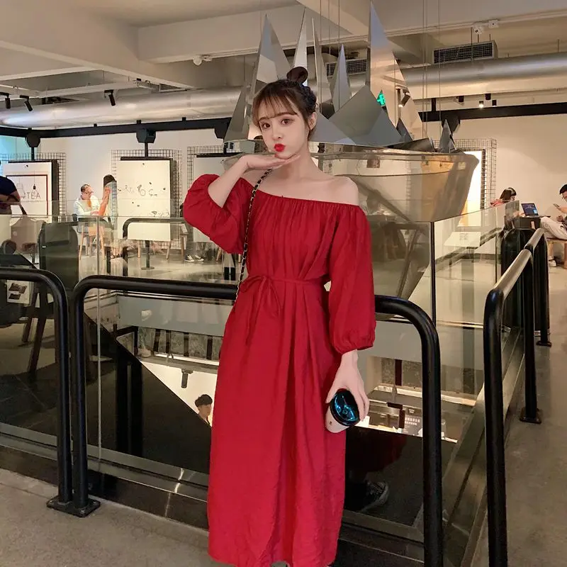 

Large size Women fat mm loose thin solid color lazy word collar Dress Summer Korean version of the chic long skirtWL2019WLP099