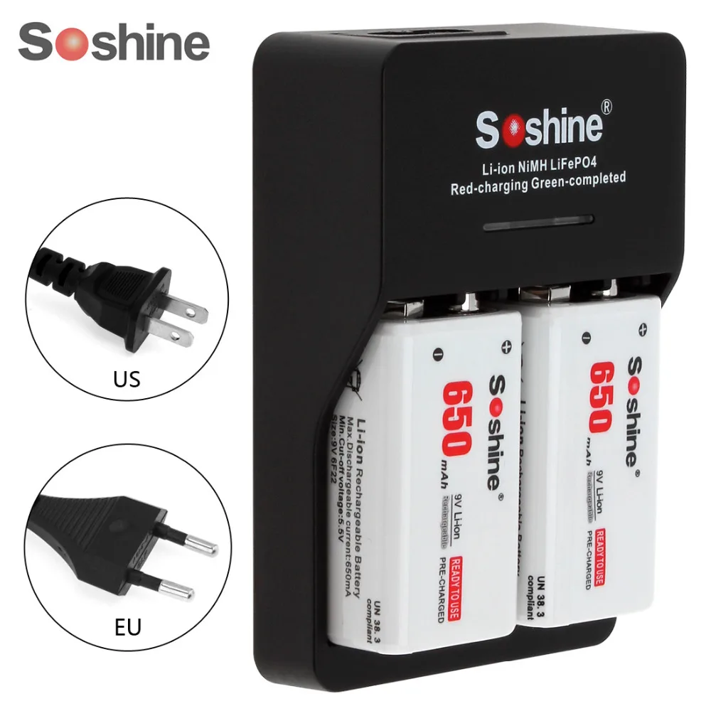 

2pcs Soshine 650mAh 9V 6F22 Battery Li-ion Rechargeable Battery + Smart Intelligent 9V Battery Charger with LED Indicator