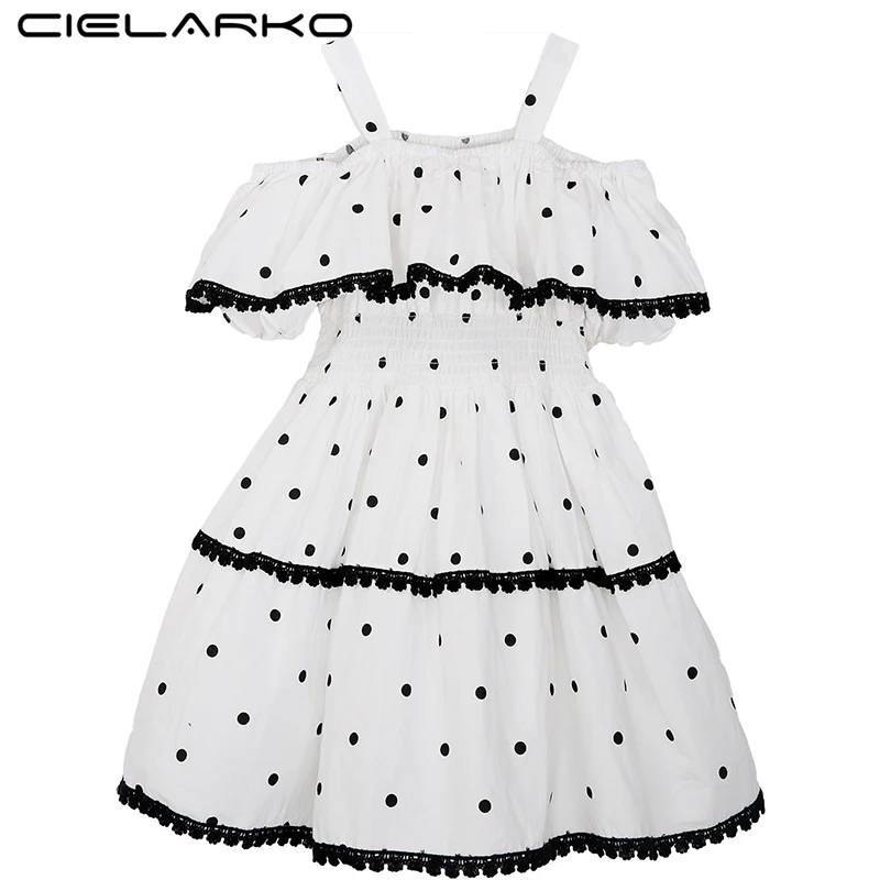 

Cielarko Children Girls Dress Polka Dot Summer Off Shoulder Kids Dresses for Girl Strap Cotton Baby Frock Vintage Kids Sundress