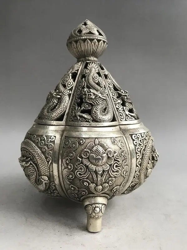 Старинное китайское тибетское серебро QIANLONG ручной работы драконов лотоса ладан горелки