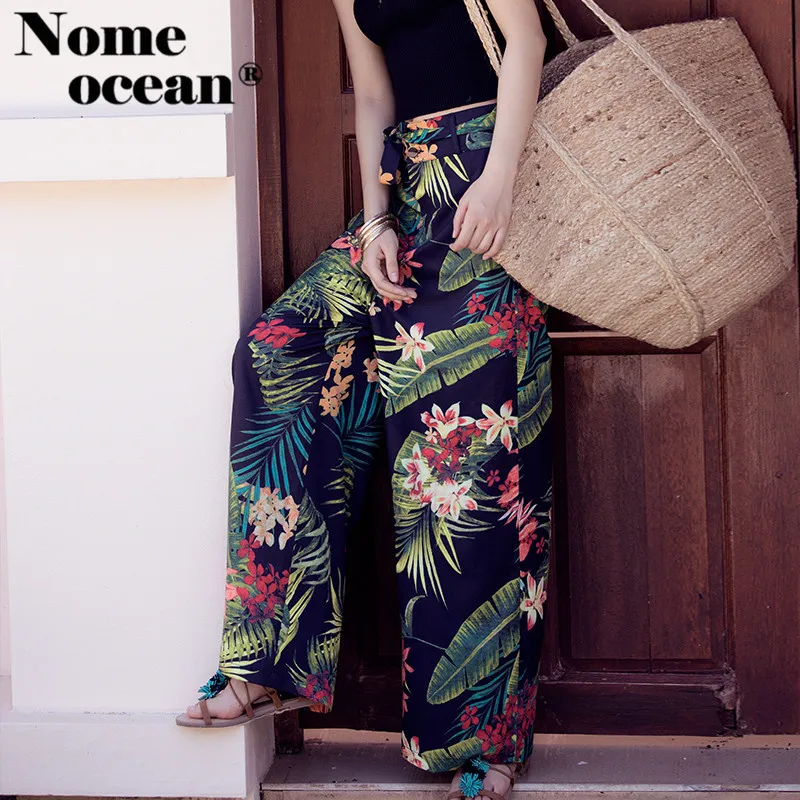 

Tropical Floral Print Bohemian Plus Size Pants for Women Thiland Pockets Oversized Vacation Wide Leg Pants Belted M18050307