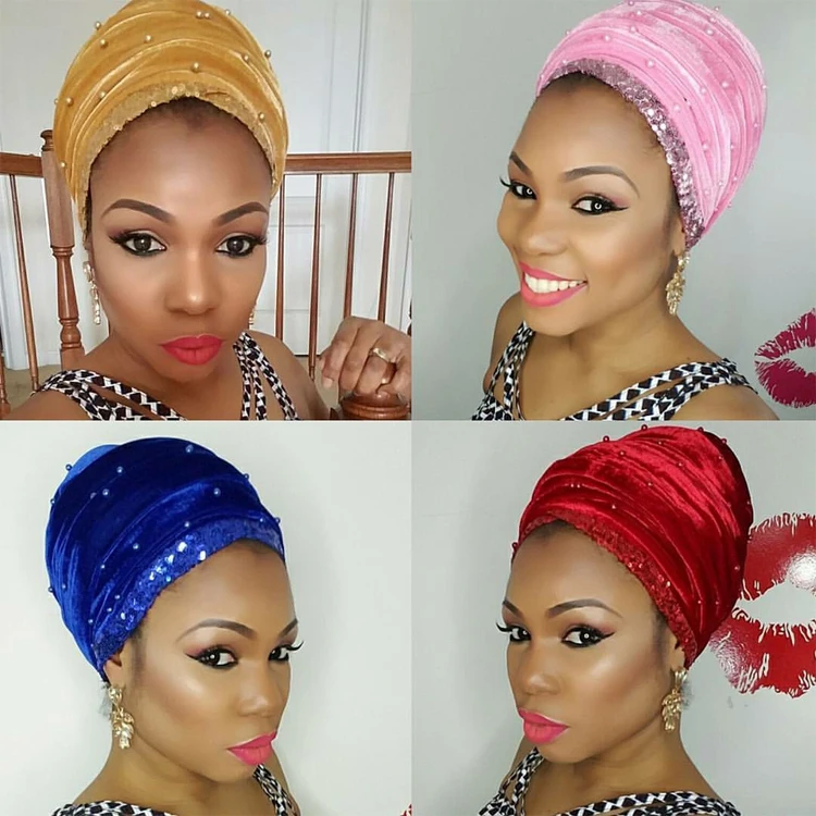 

HQT07 FashionDesign African Sequins Turban headwrap smooth soft Velvet material With hot selling for muslim Arabic bonnet hat