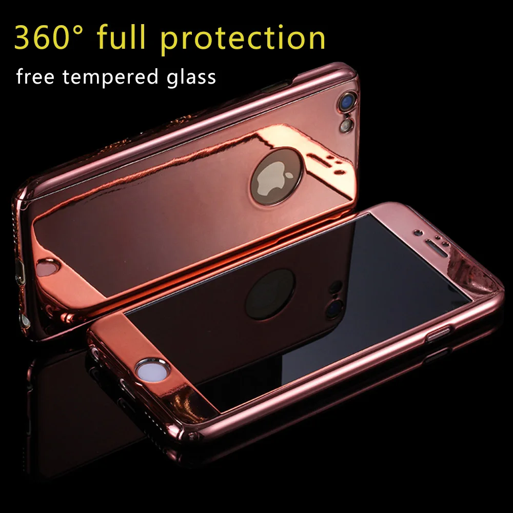 360 Full Body Protection Case for iPhone 6 6s 7 Plus X 5 5s SE Cover +Tempered Glass Rose Gold Luxury Mirror Eletroplate Coque |