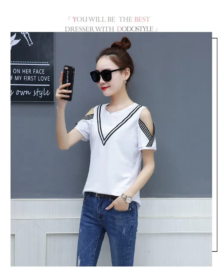 Casual T-shirts Women 2018 Fashion Patchwork Tops Tees Femme Short Sleeve Open Shoulder Tshirts Femininas Poleras Mujer (7)
