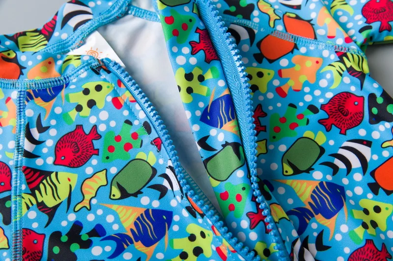 Meninos do Bebê Roupa de Banho Pedaço de Impressão de Peixe Longa com Zíper da Criança Fatos de Banho com Aba Touca de Natação Protetor Manga Menino Maiô um Sol 9 pedaço de impressão de peixe sol protetor