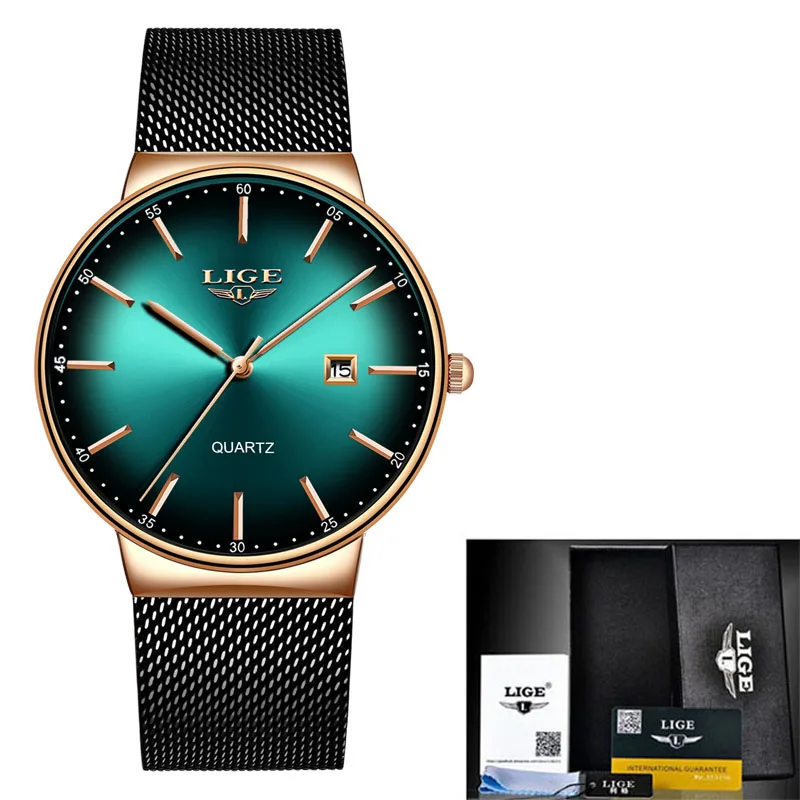 LIGE Мужские часы от ведущего бренда, роскошные черные кварцевые мужские часы, Прямая поставка, сетчатый ремешок, повседневные спортивные мужские часы, мужские часы+ коробка - Цвет: M Rose Gold Green