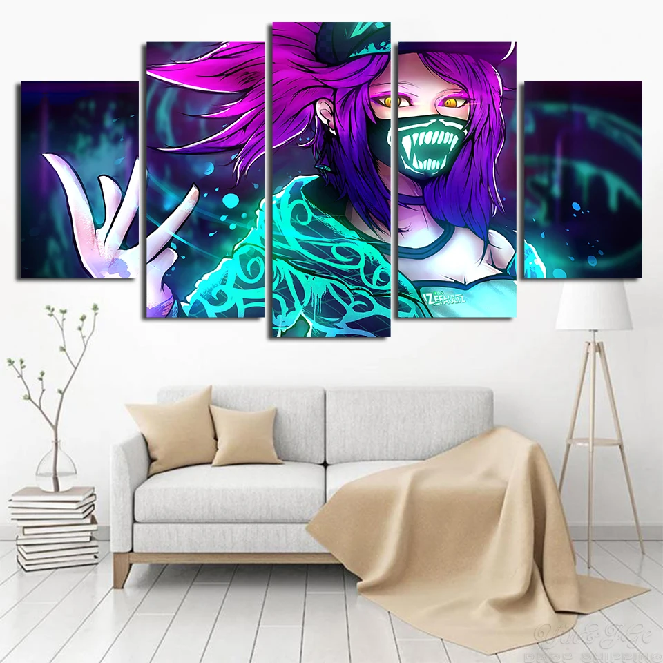 Akali-Neon-Picture-Wall-Artwork-5-Pieces-League-Of-Legends-Modular-Game-Poster-Home-Decoration-Canvas (2)