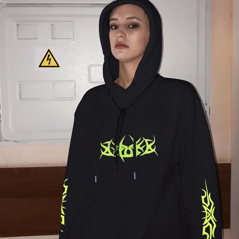 HEYounGIRL Casual Loose Black Long Hoodie Oversized Womens Hoodies Pullover Fluorescence Letter Print Sweatshirt Women Autumn