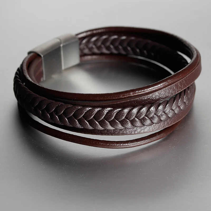 Geometric Fashion New Men Jewelry Genuine Leather Bracelets Stainless Steel Magnetic Clasp Vintage Brown Rope Chain for Gifts