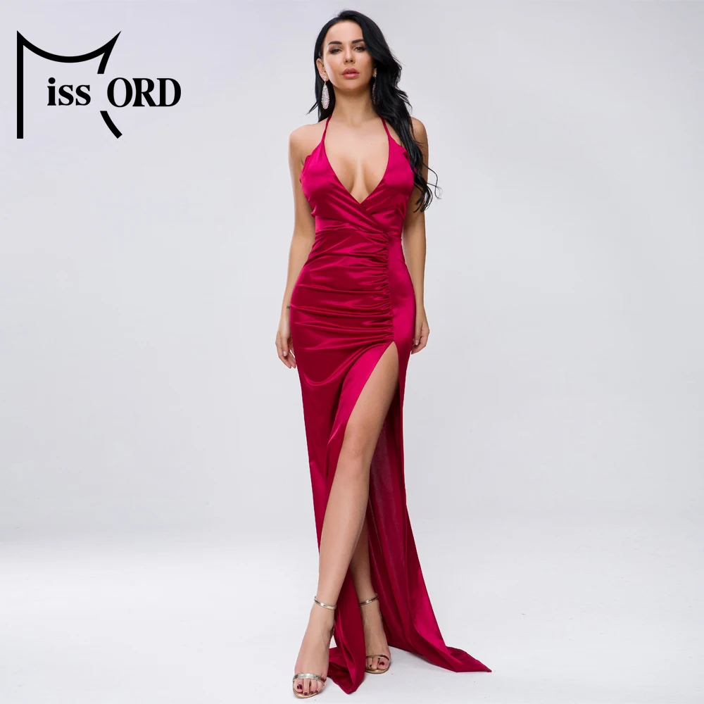 

Missord 2019 Women Sexy Deep V Off Shoulder Backless Female High Split Solid Color Maxi Elegant Dress FT19459-1