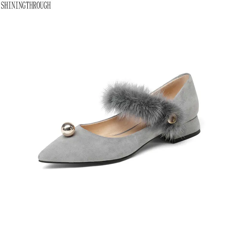 

2019 New Runway low Heels Women Luxury Velvet fur Diamond square Heel Shoes Women mary janes large size 43