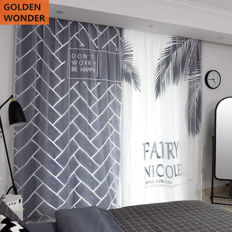 

Modern Simple Bedroom Living Room Window Curtain Geometric Curtains Pastoral Curtains Luxury Drapes Grey Color With Tulle