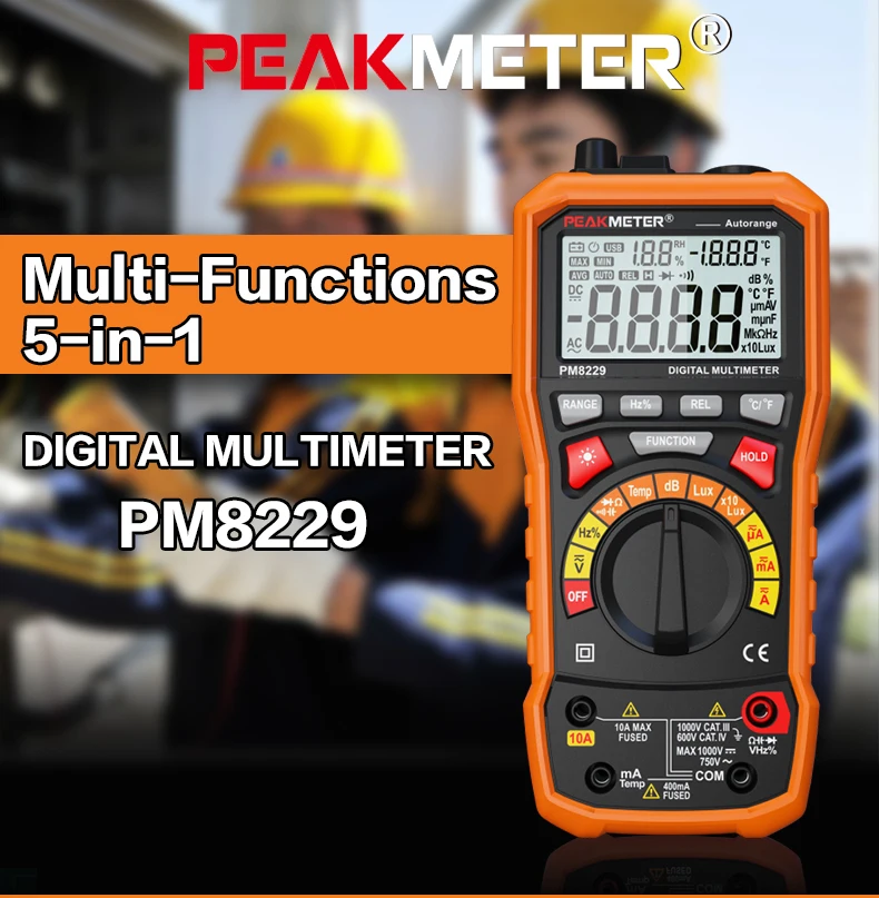 PEAKMETER PM8229 5 в 1 Автоматический цифровой мультиметр с многофункциональным Lux Уровень звука Частота Температура влажность тестер метр