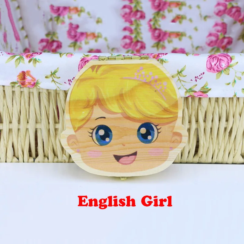 Type E English Girls Детская деревянная коробка для зубов, органайзер, испанский, английский, русский, для хранения зубов, для мальчиков и девочек, пуповина, для сохранения сувенира на память - Цвет: Type E English Girls