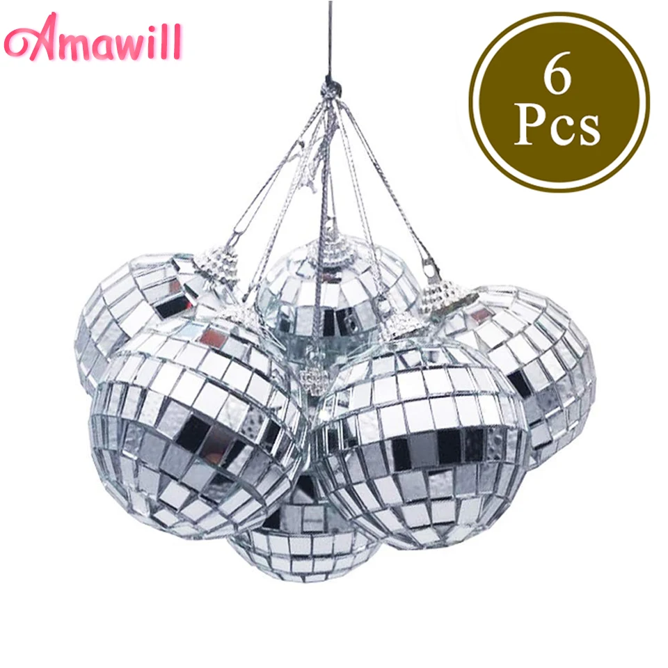 Adornos de bola de Navidad de 6 piezas de amwill 3 cm 5 cm Mini Bola de espejo de discoteca decoración de árbol de Navidad Favor de fiesta de navidad regalo y 8D