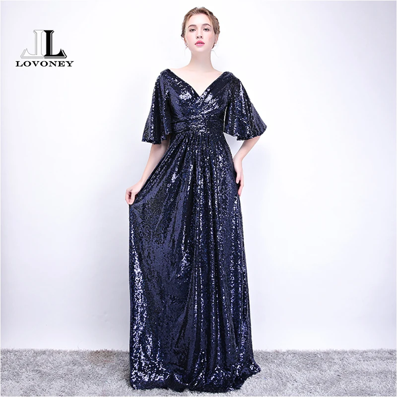 LOVONEY Elegant A line V Neck Evening Dress Long Sequin Formal Party Dresses Women Prom Gown Robe De Soiree Occasion Dress YS416 LOVONEY Elegant A line V Neck Evening Dress Long Sequin Formal Party Dresses Women Prom Gown Robe De Soiree Occasion Dress YS416
