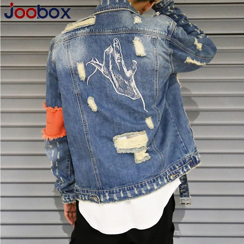 2018 рваные Ленты джинсовые куртки мыть лоскутное Distressed Denim человек Slim Fit уличной