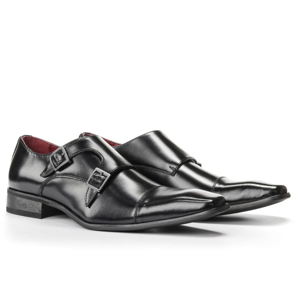 Men leather shoes luxury brand genuine leather dress formal shoes black double monk buckle straps mens wedding shoes 6