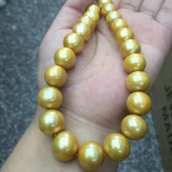 

NEW 17 inch 16-12mm south sea golden pearl necklace plated clasp EARRING
