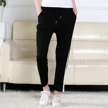 

casual loose pants women bottoms 2019 spring New Women Legging high Elastic Waist White strip black trousers Plus Size XL-6XL