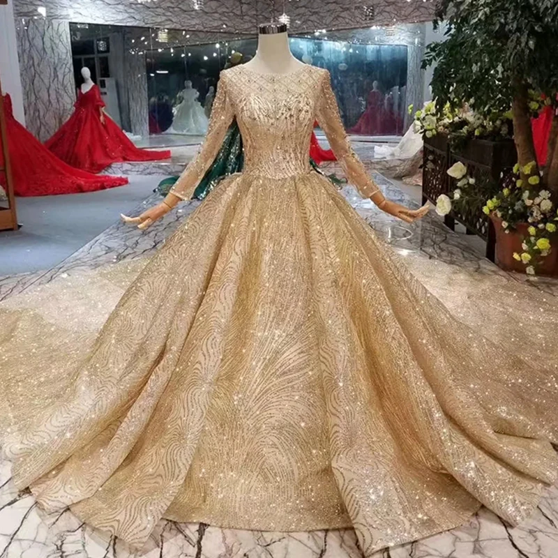 LSS309 роскошные золотые свадебные вечерние платья с круглым вырезом и длинными рукавами мусульманские свадебные платья невесты с длинным шлейфом новейший дизайн