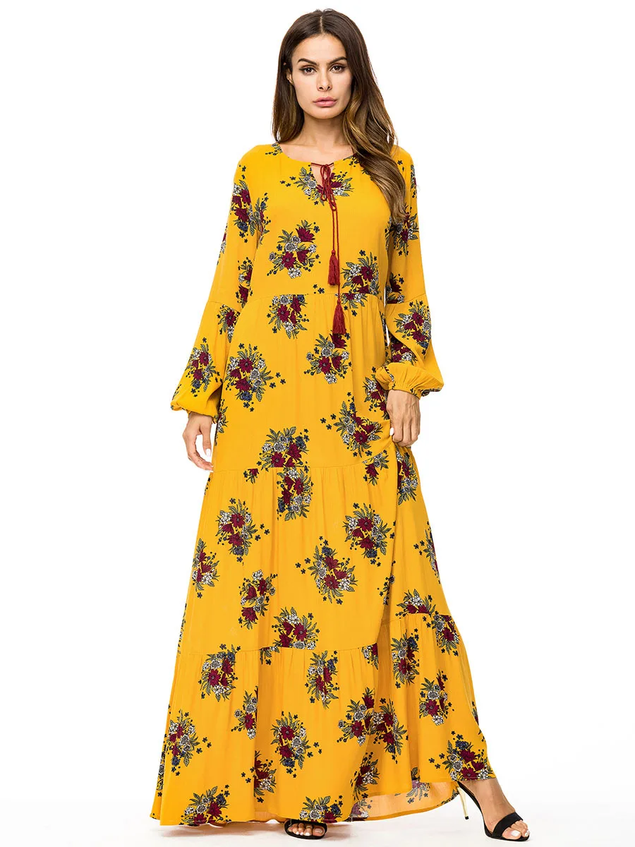 Abaya Long Sleeve Muslim Women Flowers Yellow Kaftan Dress Sadoun.com