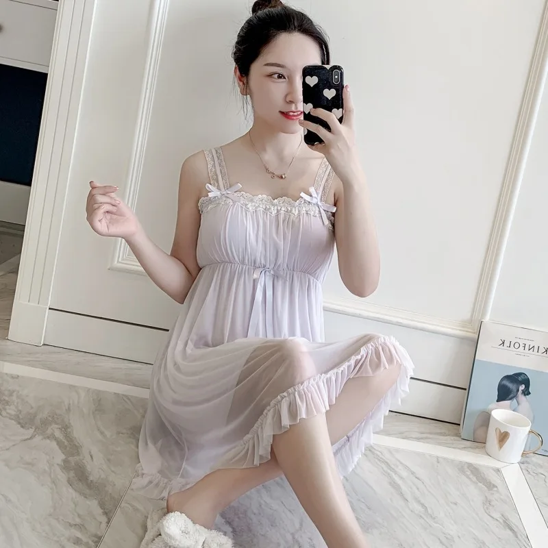 Lovely Retro Women Nightdress Lace Spaghetti Strap Princess Style Nightwear