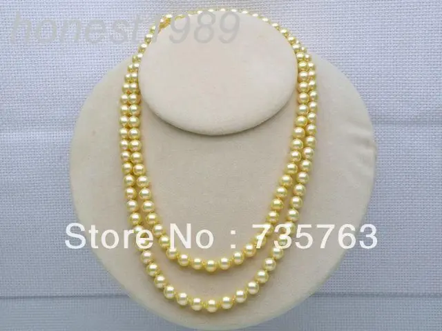 

xiuli 00182 Natural fine round 6.5-7mm AAA+ yellow south sea pearl necklace 14KGP gold 34
