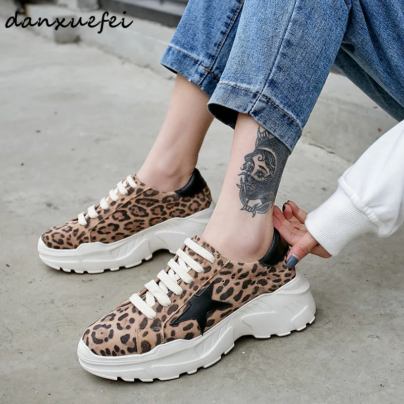 

Women's genuine suede leather platform flats sneakers leisure punk leopard brogues shoes high quality comfort thick sole shoes