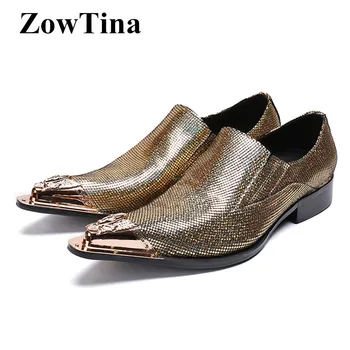 

Vintage Gold Men Metal Pointed Toe Formal Dress Shoes Slip On Business Wedding Flats Shoes Man Large Size 46 Chaussure Homme