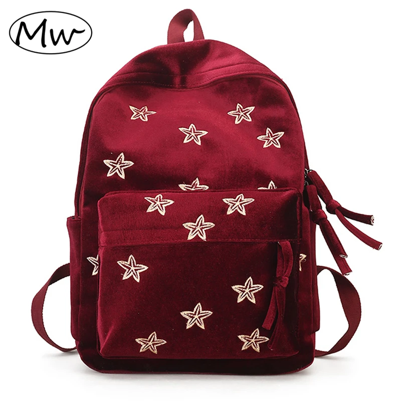 

Moon Wood Retro Embroidery Gold Stars Velvet Backpack Women Daily Backpack Travel Bag School Bag For Girls Notebook Rucksack2019