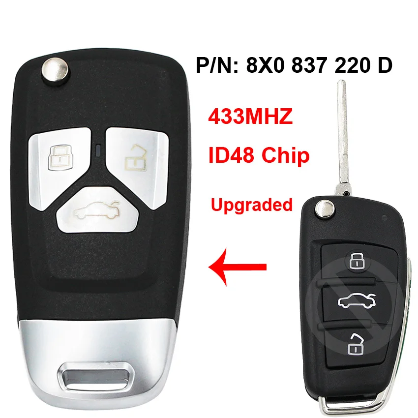 

3 Button Upgraded Folding Flip Remote Car Key 433MHZ ID48 Chip HU66 Uncut Blade 8X0 837 220 D 8X0837220D for Audi A1 TT R8 Q3