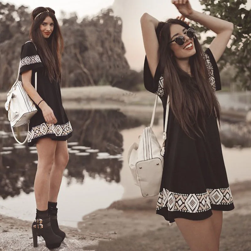 

women clothing casual Vestidos mini dress vintage boho black New Summer Women dress o-neck short-sleeved national style printed