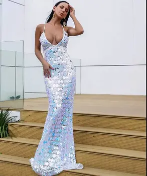 

Sequined Sexy Long Dress Top Quality Elegant V Neck Backless Night CLub Women Bodycon Evening Party Dresses
