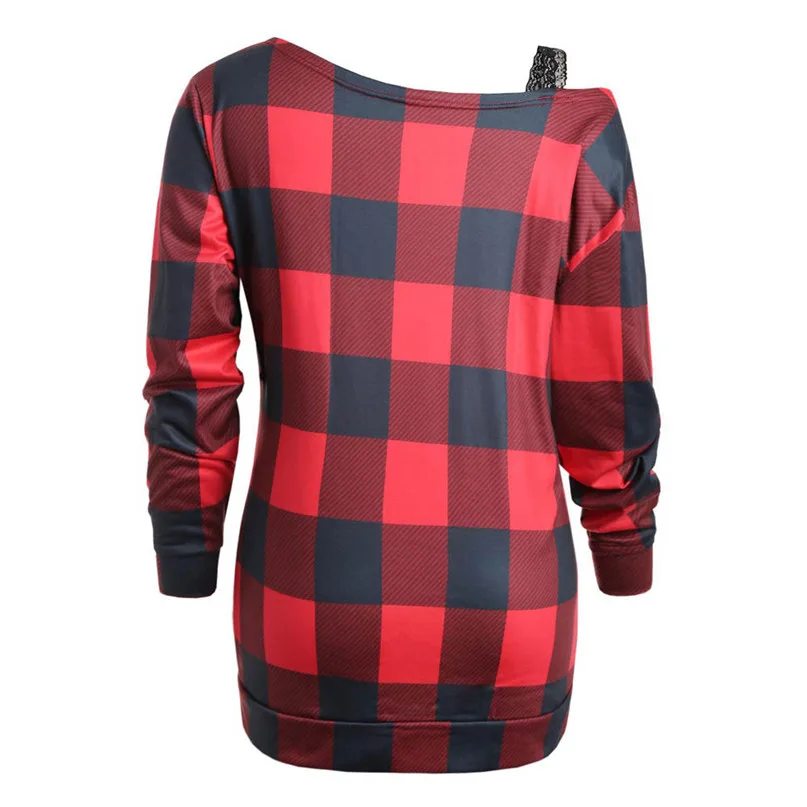 New Running Jackets Women Plus Size Casual Women's sweater Plaid Long Sleeve Cold Shoulder Lace Splice Sweatshirt #2o18#F (2)