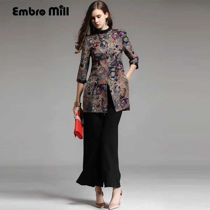 

Chinese style floral women set autumn winter Jacquard top coat+ black Ankle-length Wide leg pants 2 pieces suit female S-XXL