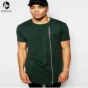 

HZIJUE Men Plain Green Extended Zip Design T-shirt Histreet Hiphop Dancer Party Unique Hip Hop T-shirt