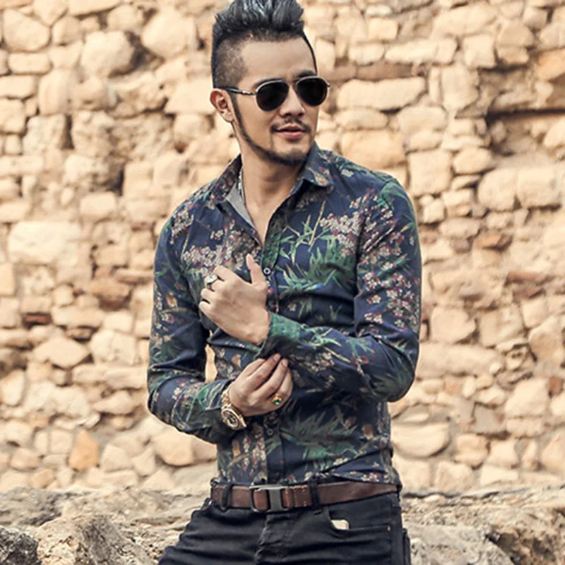 

New printing shirt male British fashion leisure flower shirt metrosexual man long sleeve cotton brand design slim shirt S2334-2