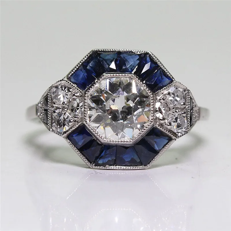 

Vintage White Stone Ring Blue Crystal Ring Silver Color Rings For Women Wedding Engagement Jewelry Anillos Mjuer C3Q586