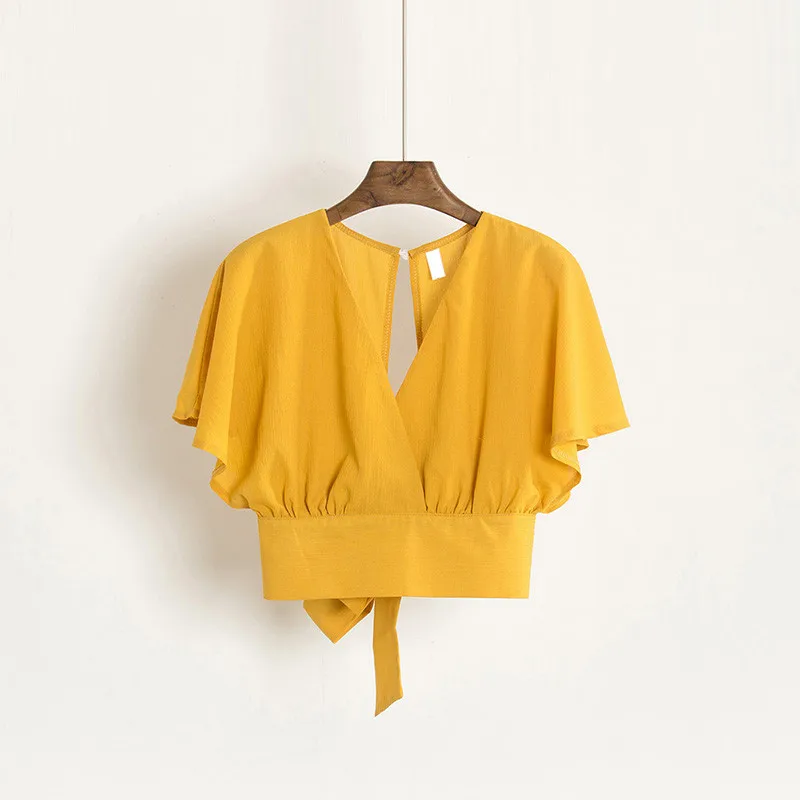 2019 New Summer V-neck Shirts Backless Bowtie Lace Up Chiffon Blouses High Waist Short Batwing Sleeved Sexy Tank Tops W70