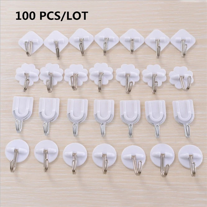 100 Pcs White Small Hook Plastic Adhesive Hook Wall Sticky Mount Hanger  Rack Ps Stainless Steel Kitchen Bathroom Hooks 4 Types - Hooks & Rails(to  Be Deleted) - AliExpress