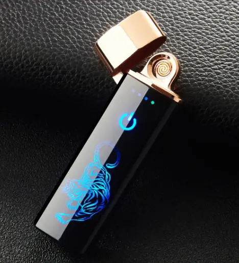 USB Зажигалка для сигарет для курения Электронная Turbo Tugsten изогнутая полноэкранная перезаряжаемая WilndProof гравировка имени - Цвет: gold tiger