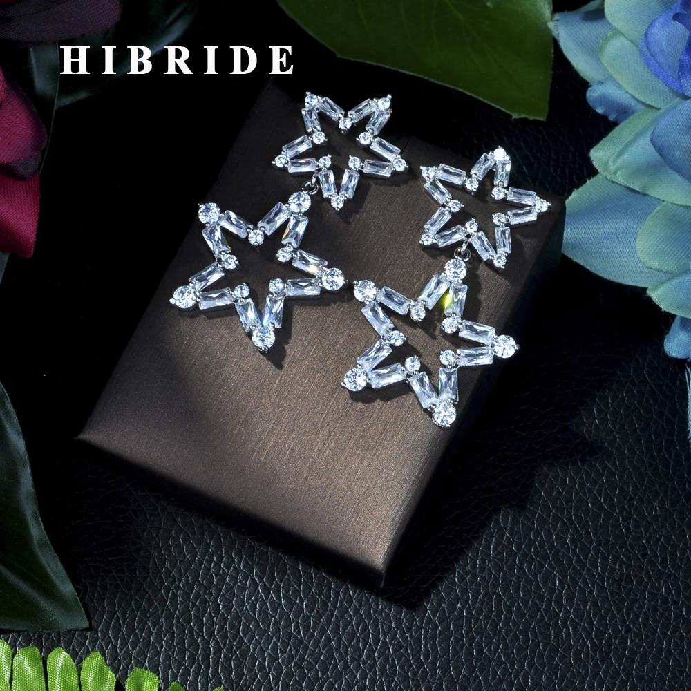 

HIBRIDE Marquise Cut Pentagram Zirconia Crystal Long Dangle Drop Earrings Shiny Leaf Bridal Wedding Jewelry for Women E-16