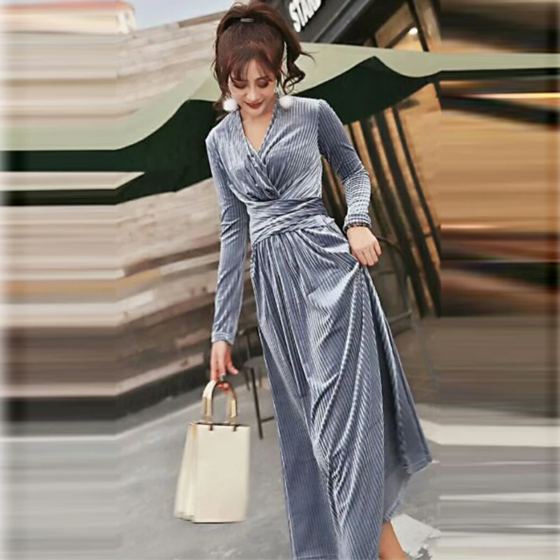 

2018 Autumn Winter Fashion Long Big Swing Dresses Ladies Casual Gray Dress Vintage Gold Velet Sexy V-neck Party Dresses LJ2024