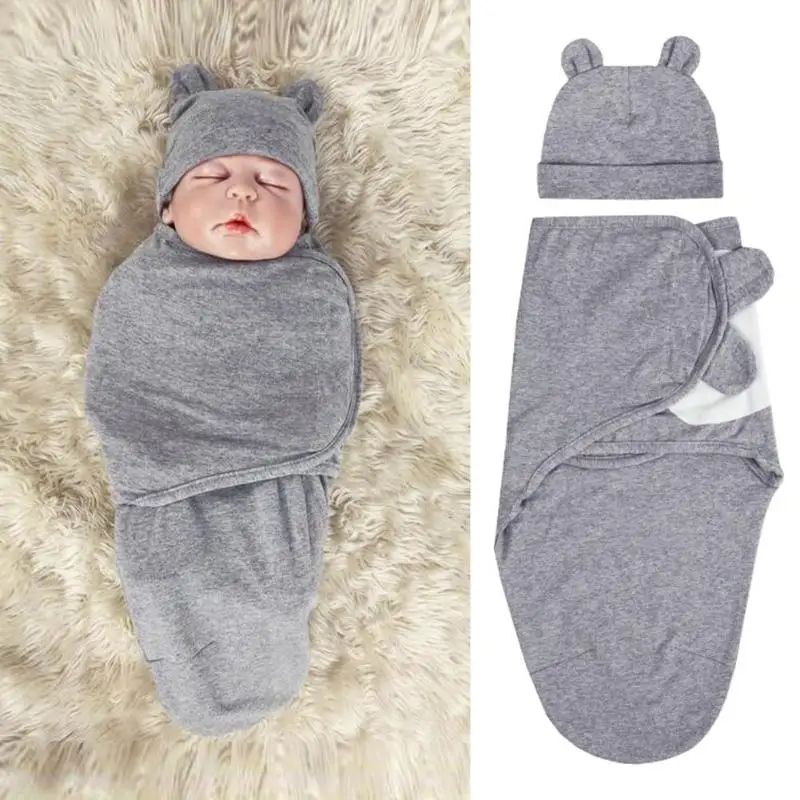 2pcs/set 0-3m Newborn Baby Cotton Cap Swaddle Wrap Soft Infant Hat Blanket Sleeping Bags Sleepsack Envelope Swaddling Bedding