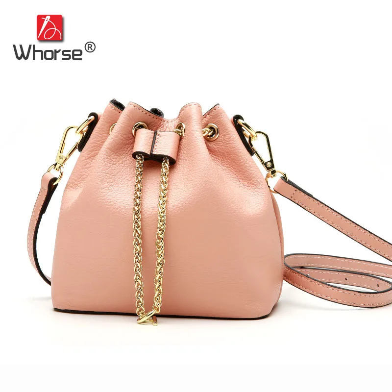 

Fashion String Gold Chain Small Ladies Bucket Bag Genuine Leather Womens Cowhide Handbag Shoulder Messenger Bags For Women W1005