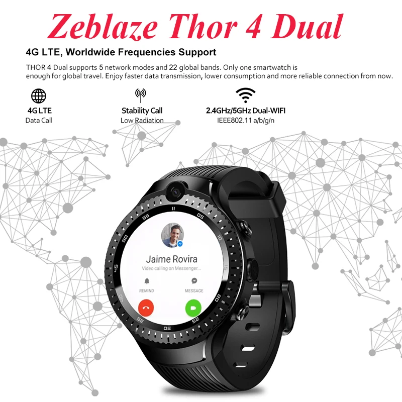 Мужские умные часы Zeblaze Thor 4 Двойная камера 5 Мп + МП пульсометр Sim карта GPS 4G 1 Гб 16 ГБ