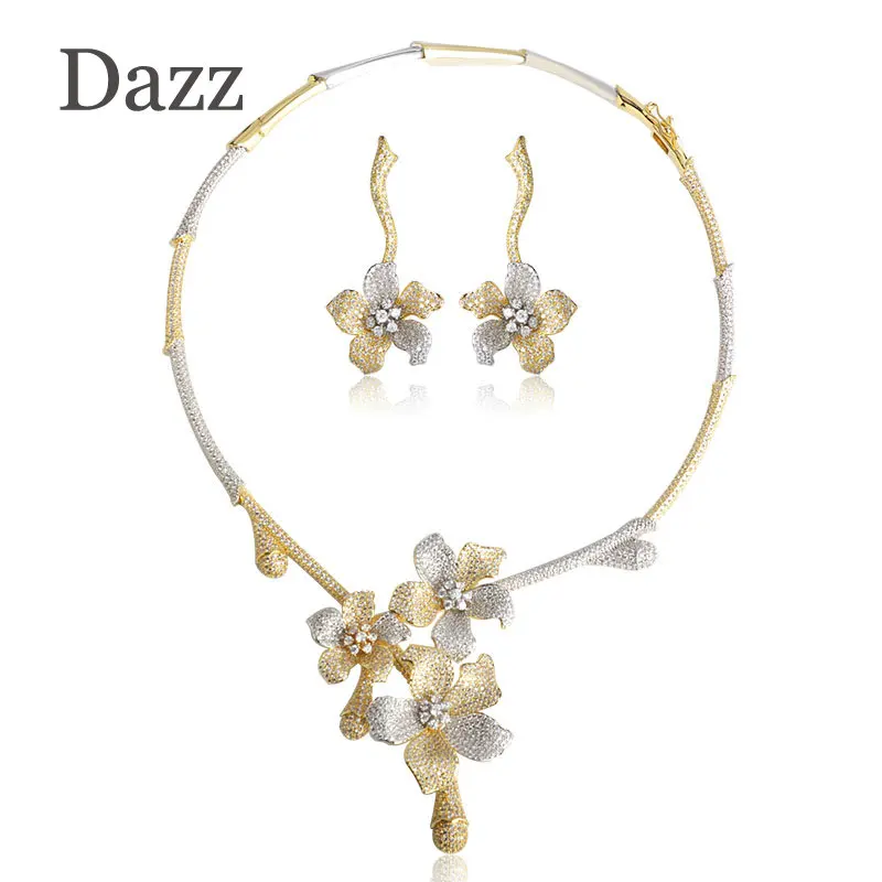 Dazz Fashion Three Flowers Pendant Necklace Earrings Women Bridal Wedding Jewelry Sets Two Tones Color CZ Zircons Copper Bijoux Dazz Fashion Three Flowers Pendant Necklace Earrings Women Bridal Wedding Jewelry Sets Two Tones Color CZ Zircons Copper Bijoux